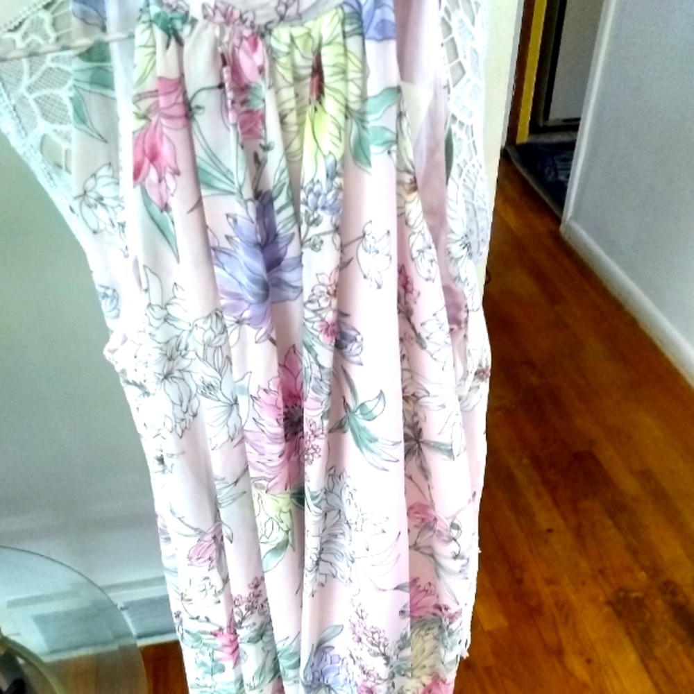 Pink floral maxi dress. Size 4, sleeveless with button high neck.